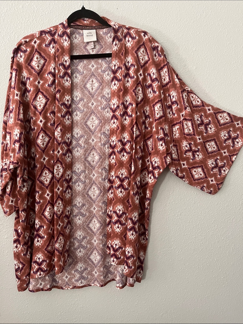 Knox Rose Boho Beachy Open-Front Kimono with White  & Purple Accents
XL